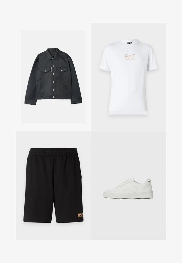 Black denim jacket featuring a button-up front, two chest pockets with flaps, silver hardware, and a classic collar. Smooth texture, cropped fit.; White cotton t-shirt featuring a round neckline and short sleeves, with a gold EA7 Emporio Armani logo printed on the front.; Black athletic shorts made of soft fabric,Featuring an elastic waistband and a small yellow EA7 logo on the lower left leg.; White leather sneaker with a smooth finish, round toe, flat laces, and a textured sole. Features a subtle logo on the heel.