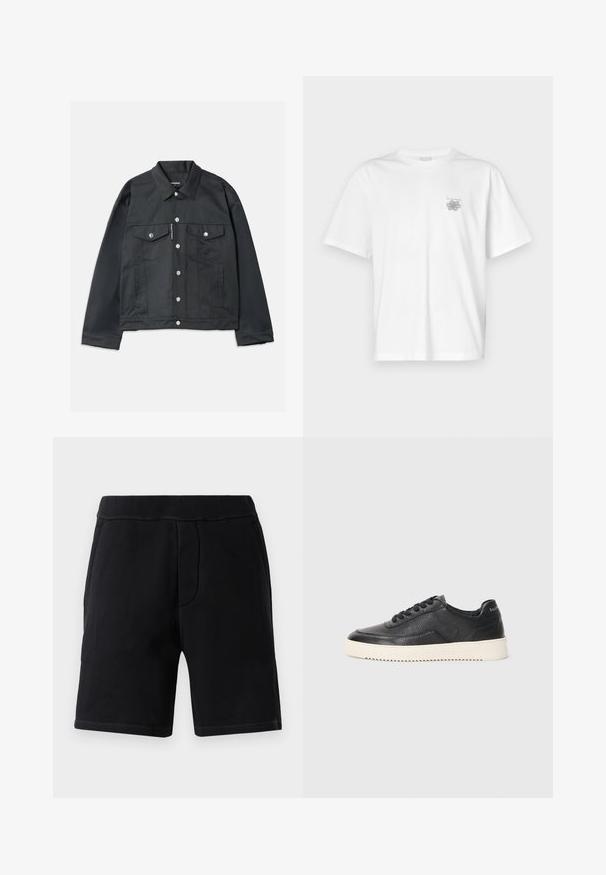 Črna kavbojka jakna z zapenjanjem na gumb, dvema žepoma na prsih s poklopcem, srebrnimi zakovicami in klasičnim ovratnikom. Gladka tekstura, skrajšan kroj.; Bela majica iz bombaža s kratkimi rokavi, okroglim izrezom in majhnim sivim logotipom na levi strani prsnega dela. Gladka tekstura.; Črne športne kratke hlače iz mehkega materiala; imajo elastičen pas, dve stranski žepi in kontrastno šivanje.; Črne usnjene superge z teksturiranim zaključkom, okroglo konico in ravnim belim gumijastim podplatom. Imajo črne vezalke in označbo na peti.