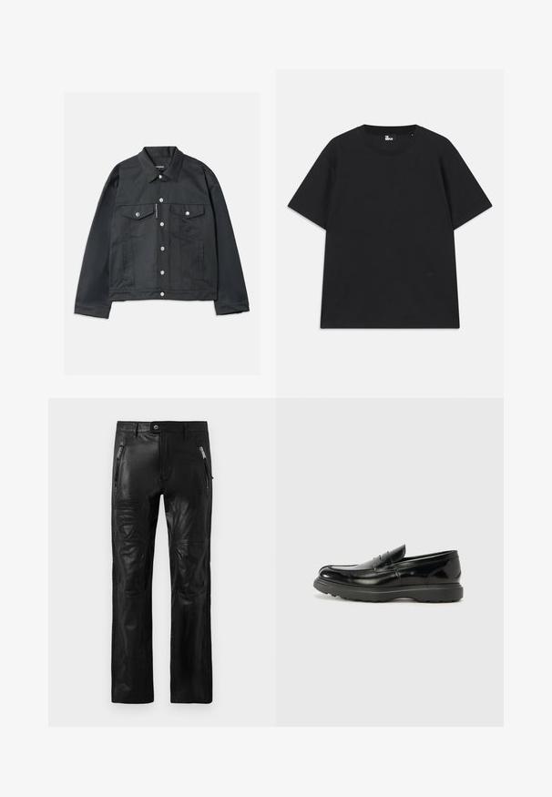 Black denim jacket featuring a button-up front, two chest pockets with flaps, silver hardware, and a classic collar. Smooth texture, cropped fit.; Black short-sleeve t-shirt made of cotton, featuring a round neckline and a small logo detail near the hem. Smooth texture, regular fit.; Black leather pants with front zip pockets, belt loops, stitched knee panels, and embossed Ducati and Dsquared2 brand patches on the thigh.; Black leather loafer with a glossy finish, rounded toe, subtle stitching details, and a thick rubber sole for durability.