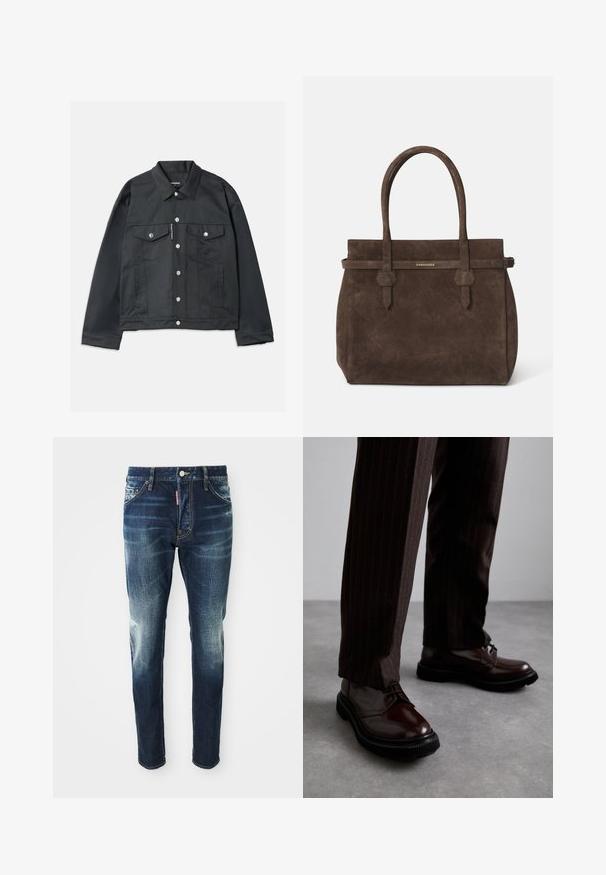 Black denim jacket featuring a button-up front, two chest pockets with flaps, silver hardware, and a classic collar. Smooth texture, cropped fit.; White cotton sleeveless tank top with a round neckline, featuring a smooth texture and a fitting shape, designed for casual wear.; Dark blue denim jeans with a slim fit, featuring faded areas on the thighs and knees, five pockets, and a metal button closure.; Brown leather lace-up shoes with a glossy finish, black rubber sole, and subtle stitching. Worn with pinstriped brown trousers.; Dark brown suede tote bag with dual handles and a horizontal strap featuring a small gold DSQUARED2 logo plaque.