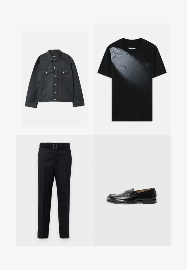 Juodas džinsinis švarkas su mygtukų užsegimu, dviem krūtinės kišenėmis su dangteliais, sidabro spalvos detalėmis ir klasikinio stiliaus apykakle. Lygus audinys, sutrumpintas siluetas.; Juodas medvilnės marškinėliai su gradientiniu šviesos efektu vienoje pusėje ir spausdintais skaičiais kitoje pusėje. Trumpomis rankovėmis ir apvaliu kaklu.; Juodos pritaikytos kelnės turi lygią medžiagą, tiesų kirpimą ir diržą su stačiakampiu sagtimi. Išskirtiniai priekiniai raukšliai pagerina dizainą.; Juoda odinė loaferių pora su lygaus paviršiaus, apvalia nosimi, dekoratyvine siūle ir maža metaline detale priekyje.
