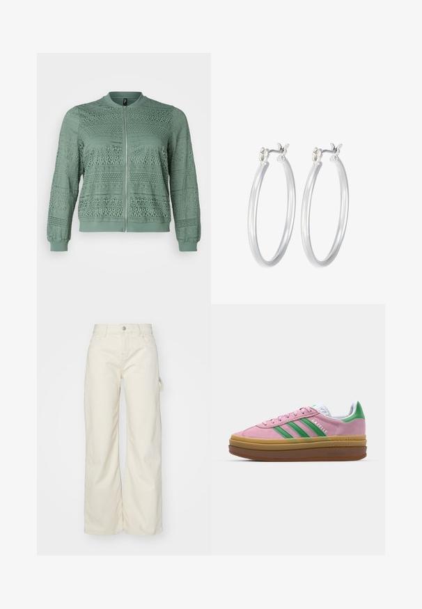 Vero Moda Curve VMCHONEY JACKET - Bomber bunda - laurel wreath; Černá mikina vyrobená z bavlněné směsi, s kulatým výstřihem, dlouhými rukávy, žebrovanými manžetami a malým bílým logem na hrudi.; Široké kalhoty z světle béžové látky, s vysokým pasem, předními kapsami a bočním poutkem pro větší funkčnost.; Růžové semišové tenisky se zelenými pruhy, bílými akcenty a hnědou gumovou podrážkou. Mají strukturovanou tkaninu a detail s logem na boku.; Stříbrné kruhové náušnice s hladkým, lesklým povrchem. Kulatý tvar a bezpečné zapínání na klip. Lehký design vhodný pro každodenní nošení.