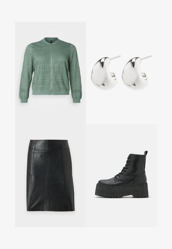 Vero Moda Curve VMCHONEY JACKET - Bomberjacks - laurel wreath; Witte geribde tanktop met een ronde halslijn en mouwloos ontwerp, voorzien van een rechte zoom en een gladde, rekbare textuur.; Zwarte leren rok met een getailleerd ontwerp. Gladde textuur, naden die de vorm accentueren en een rechte zoom. Minimalistische en elegante uitstraling.; Zwarte enkelboots met een stevige plateauzool, gemaakt van glad leer, met een vetersluiting en een lipje aan de achterkant.; Zilveren oorbellen met een soepel, gebogen ontwerp. Ze hebben een gepolijste afwerking en een stekkerbevestiging voor veilige draag.