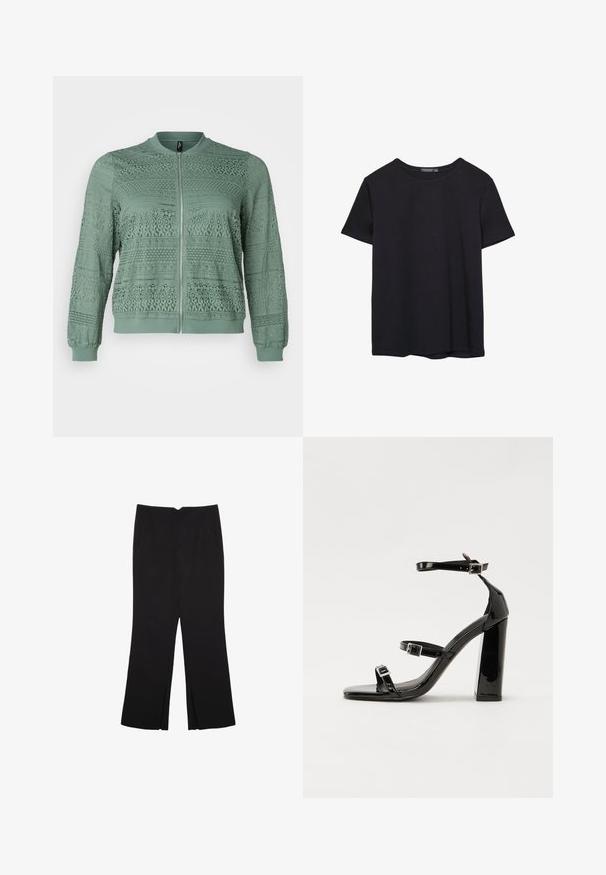 Vero Moda Curve VMCHONEY JACKET - Bomberjakke - laurel wreath; Simpel sort kortærmet bomulds T-shirt med rund hals, præsenteret på en hvid baggrund.; Sorte bukser med lige pasform, der har frontlommer og slidser i kanten. Lavet af blødt, glat stof. Velegnet til forskellige anledninger.; Sorte patenterede hælsandaler med firkantet tå, ankelremme og sølvspænder. Har en chunky blokHæl for stabilitet.