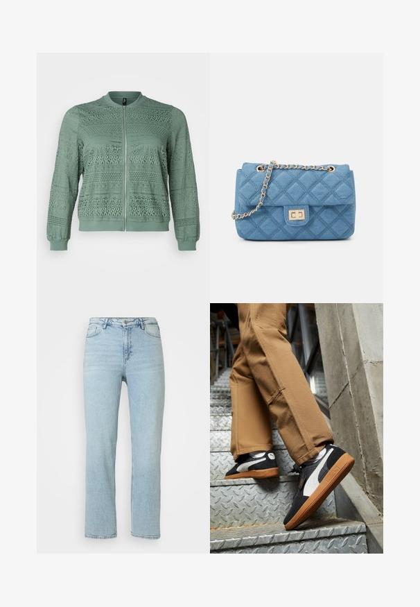 Vero Moda Curve VMCHONEY JACKET - Bomber tipa jaka - laurel wreath; Tumši brūns polokrekls ar garām piedurknēm, baltu strukturētu apkakli un trīs pogu slēgu. Gluda, ērta auduma.; Gaiši zilas taisnas kājas džinsi ar priekšējo pogu un rāvējslēdzēju, jostu cilpiņām un klasisko piecu kabatu dizainu.; Melnas un pelēkas zamša sporta kurpes ar baltām akcentiem un gumijas zolēm, valkātas uz brūniem biksēm, uzkāpjot metāla kāpnēm.; ONLY ONLFLORENCE CROSSBODY BAG - Soma ar siksnu pāri ķermenim - blue denim/gold; Sudraba riņķveida auskari ar gludu, spīdīgu apdari. Apaļas formas, viegla dizaina, ar aizdari uz stieples.