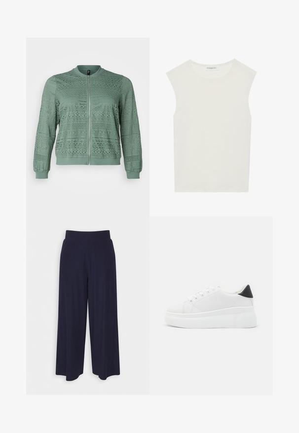 Vero Moda Curve VMCHONEY JACKET - Bomberjacks - laurel wreath; Witte mouwloze top met een ronde halslijn. Gemaakt van gladde stof, het heeft een losse pasvorm en een minimalistisch ontwerp. Geen patronen of accenten.; Wijd-uitlopende broek in donkerblauwe stof met een geribbeld patroon. Heeft een gladde tailleband en een vloeiende silhouet, die tot halverwege de kuiten reikt.; Witte platform sneakers van glad synthetisch materiaal, met een afgeronde neus, vetersluiting en een gestructureerde rubberen zool. Zwarte hielaccent.