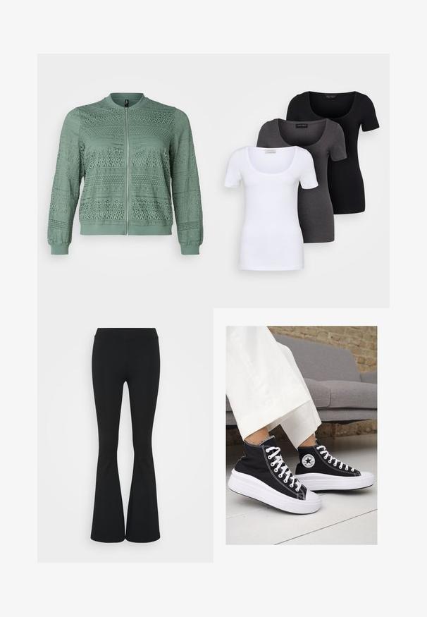Vero Moda Curve VMCHONEY JACKET - Bombejakke - laurel wreath; Tre figurerte T-skjorter i hvit, grå og svart. Hver har en bred scoop-nakke og korte ermer. Laget av glatt, elastisk stoff.; Svarte flared bukser laget av elastisk stoff, med høy midje og en glatt tekstur. Buksene vidder ut fra kneet.; Sorte lerrets høy-top sneakers med hvite gummisulinger og snørebånd. Har et rundt logo på siden og kontrasterende hvite sting.