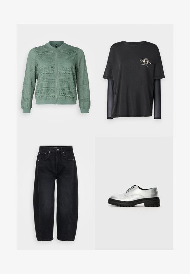 Vero Moda Curve VMCHONEY JACKET - Giubbotto Bomber - laurel wreath; T-shirt nero a maniche corte, sovrapposto a lunghe maniche in rete nera. Presenta una stampa grafica dorata sul petto con motivi celestiali.; Pantaloni in denim nero con vestibilità ampia, dotati di accessori in metallo argentato, cinque tasche e un distintivo dettaglio di cucitura sulla parte anteriore.; Scarpe oxford in pelle argento con punta rotonda, suola in gomma nera e lacci neri. Presentano dettagli di cucitura minimal lungo i lati.