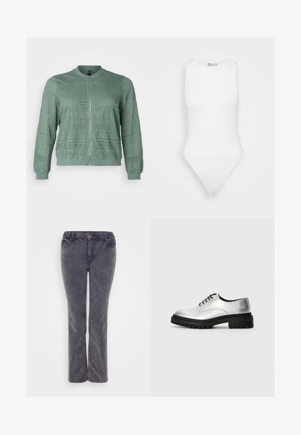 Vero Moda Curve VMCHONEY JACKET - Bomber-jakk - laurel wreath; Valge ilma varrukateta bodi kõrge kaelusega ja stripp-põhjaga. Sile tekstuur ja sobiv siluett, disainitud kehaigavaks väljanägemiseks.; Hallhallased teksad sirge säärega, varustatud tõmblukuga, viie taskuga ja peente kangast tekstuuride detailidega.; Hõbedased nahast oxfordi kingad ümarate varvastega, musta kummist tallaga ja mustade paeltega. Omavad minimaalset nüanssi õmbluste detailides külgedel.