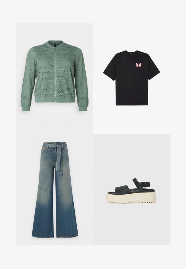 Vero Moda Curve VMCHONEY JACKET - Blouson Bomber - laurel wreath; T-shirt en coton noir à manches courtes, avec un petit graphique de papillon rose sur la poitrine gauche. Modèle à col rond avec une coupe décontractée.; Pantalons en denim à jambe large présentant un dégradé de bleu clair à bleu foncé, taille haute, passants de ceinture et une ceinture en tissu assortie. Finition en denim texturé.; Sandales plateforme en daim noir avec une semelle blanche épaisse, large bride frontale et boucle ajustable à la cheville. Semelle extérieure texturée pour une bonne adhérence.