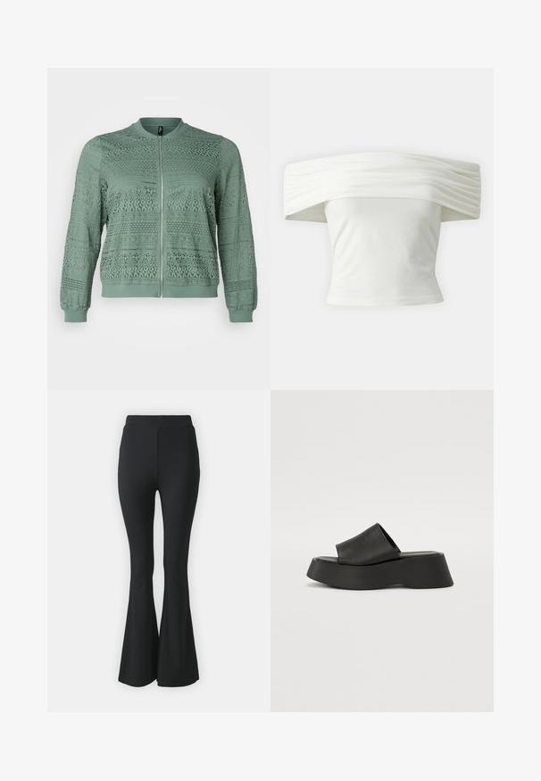 Vero Moda Curve VMCHONEY JACKET - Bomberjacke - laurel wreath; Schulterfreies weißes Oberteil mit gepufftem, strukturiertem Halsausschnitt und tailliertem Oberteil. Hergestellt aus weichsam Stoff mit glatter Textur.; Schwarze ausgestellte Hosen aus elastischem Stoff. Sie haben einen hohen Bund und ein glattes, eng anliegendes Design, das ab dem Knie nach unten ausgestellt ist.; Schwarze Plateausandalen mit einem breiten Riemen und einer klobigen Sohle. Aus glattem Material mit mattem Finish und ohne sichtbare Hardware gefertigt.