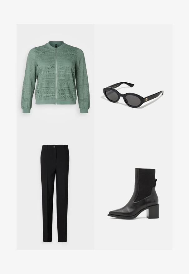 Vero Moda Curve VMCHONEY JACKET - Blouson Bomber - laurel wreath; Top à manches longues en imprimé léopard avec un col haut, fabriqué en tissu extensible. Présente une base beige avec des taches brunes. Texture lisse, design ajusté.; Pantalon noir ajusté avec une coupe droite, doté d'une fermeture à bouton et de passants de ceinture, fabriqué en tissu lisse.; Bottine noire avec un embout pointu, fabriquée en cuir lisse et en tissu élastique. Dotée d'un talon bloc et d'un design minimaliste.; Lunettes de soleil ovales noires avec des verres sombres et une monture en plastique brillant. Présente un logo doré sur la branche, offrant un design épuré et moderne.