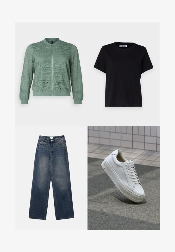 Vero Moda Curve VMCHONEY JACKET - Blusão aviador - laurel wreath; T-shirt preto de manga curta feito de algodão. Apresenta um decote redondo e um corte relaxado. A etiqueta diz "WEEKDAY" no colarinho.; Jeans de denim azul de cintura alta para homens, com pernas largas, fecho frontal com botão e zip, e bolsos frontais e traseiros.; Sapatilhas de couro branco com um design de baixo, atacadores planos, bico arredondado e lados texturizados. Sola de borracha espessa com detalhes subtis.