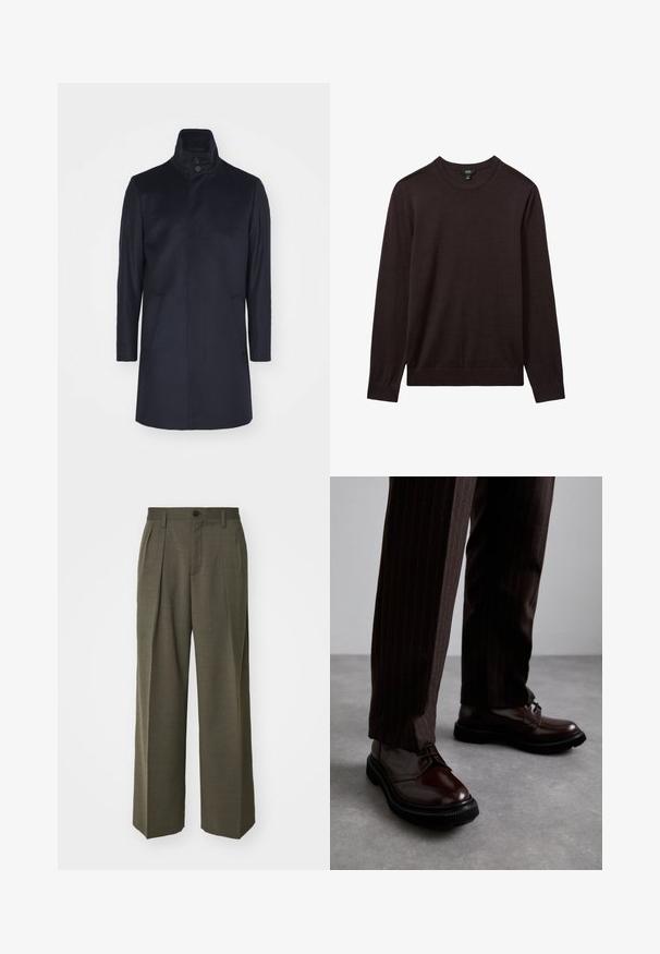 Mornarski kaput od vune s visokim ovratnikom, dvostrukim zatvaranjem na dugmad, dva bočna džepa, krojenim fitom i glatkom teksturom.; Reiss Vesta - dark bordeaux; Filippa K WIDE TROUSERS - Hlače - driftwood; Smeđe kožne cipele s vezicama i sjajnim finišom, crna gumena potplata i suptilno šivanje. Nosene s smešanim smešnim smeškom smešnim smeškom.