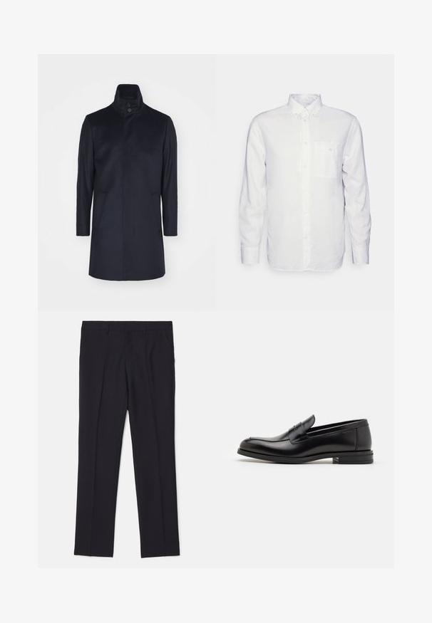 Tengerészkék gyapjú kabát magas gallérral, dupla gombos záródással, két oldalsó zsebbel, testhezálló szabással és sima textúrával.; Hosszú ujjú fehér ing, pamutból készült, gombos gallérral, elülső zsebbel és normál szabással. Texturált anyag, sima felülettel.; Fekete, sima anyagból készült, karcsúsított nadrág, két oldalsó zsebbel, egyenes szárú kialakítással, és látható minták vagy díszítések nélkül.; Fekete bőr loaferek sima textúrával, kerek orral és dekoratív pánttal a vampnál. Alacsony, rétegelt sarkú, minimalista dizájn.