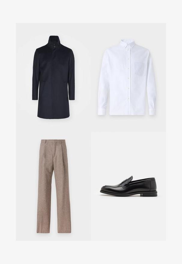 Cappotto navy in lana con colletto alto, chiusura a doppio bottone, due tasche laterali, vestibilità aderente e texture liscia.; Camicia bianca a maniche lunghe con bottoni, realizzata in cotone, caratterizzata da una tasca sul petto con ricamo tonale, colletto e polsini con bottoni.; Pantaloni marroni a vita alta realizzati in tessuto testurizzato. Presentano gambe ampie e due pieghe frontali per struttura. Rifinitura curata senza hardware visibile.; Mocassini neri in pelle con una texture liscia, punta arrotondata e una striscia decorativa sulla tomaia. Tacco basso impilato, design minimalista.