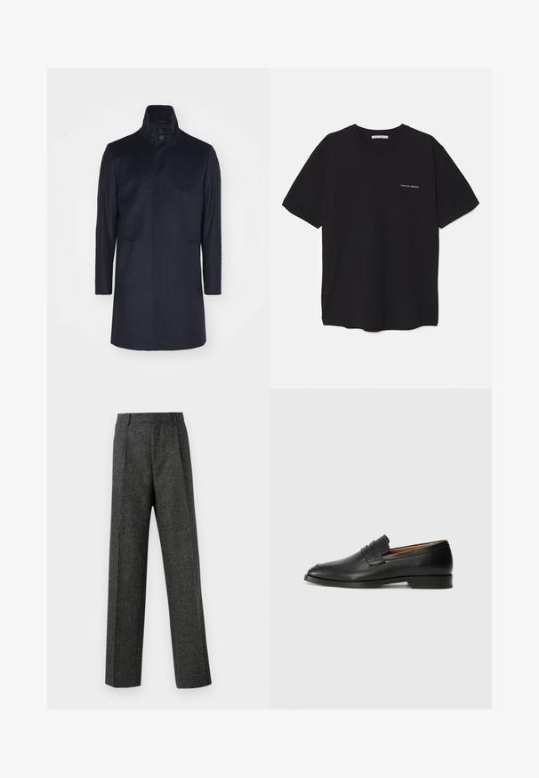Navy wool coat with a high collar, double button closure, two side pockets, tailored fit, and smooth texture.; Black cotton T-shirt with a crew neck, short sleeves, and a white logo print on the left chest. Simple, solid color design.; Gray tailored trousers made of textured fabric, featuring two front pleats and a straight-leg design. No visible pockets or embellishments.; Black leather loafer with a rounded toe, subtle stitched detailing, and a low heel, featuring a smooth texture and minimalist design.