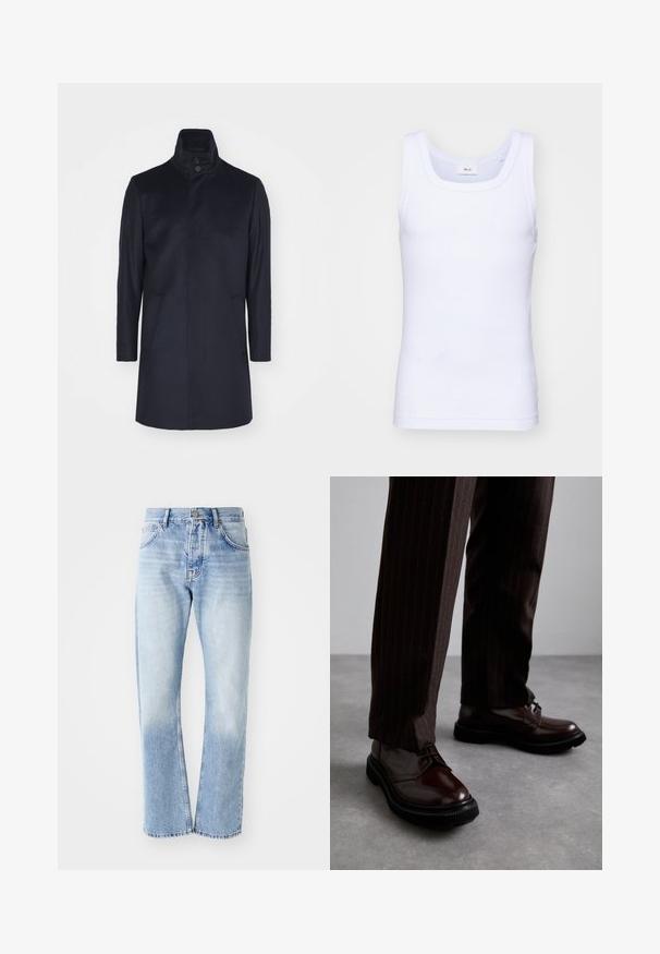 Jūros mėlynos vilnonės paltas su aukštu apykakle, dviguba sagčių uždarymu, dviem šoniniais kišenėmis, pritaikytu siluetu ir lygiu paviršiumi.; Balti medvilninė be rankovių marškinėliai su apvaliu iškirpimu, pasižymintys lygiu tekstūru ir prigludusia forma, skirti kasdieniam dėvėjimui.; Šviesiai mėlynos džinsinės kelnės su tiesia sijonu. Savybės: penkių kišenių dizainas, mygtukų užtrauktukas ir blukus tekstūra apačioje.; Rudos odinės bateliai su raišteliais, blizgiu paviršiumi, juoda gumine absorbcija ir subtilia siūle. Dėvimi su rudos spalvos dryžuotomis kelnių.