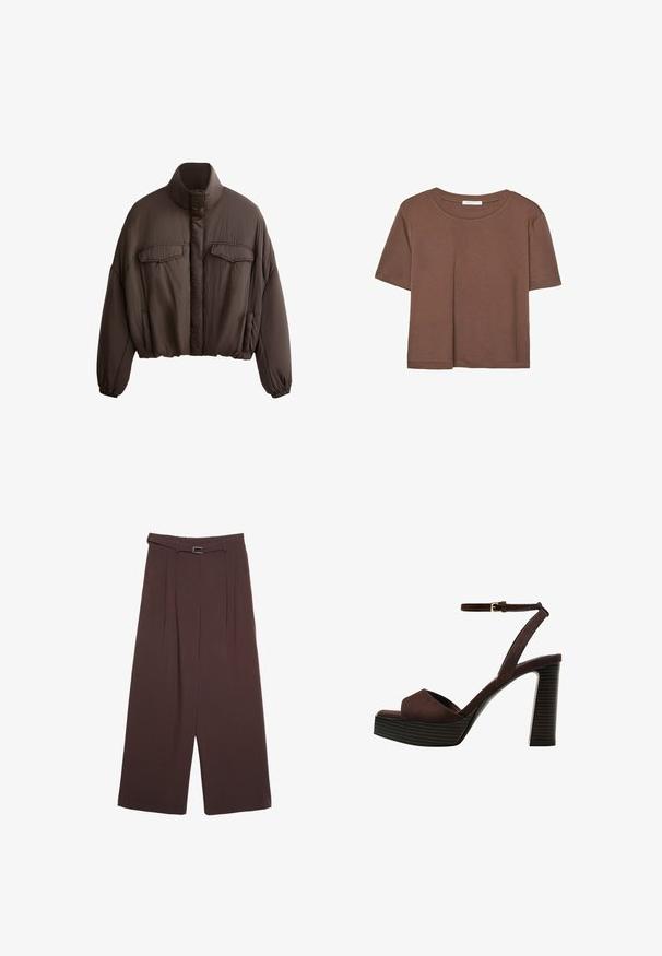 Veste marron courte avec col montant, en tissu texturé, deux poches avant et poignets élastiques pour un ajustement cintré. Design épuré avec des accents minimaux.; T-shirt marron à manches courtes en tissu doux, avec un col rond et une coupe décontractée. Aucun motif ni accent visible.; Stradivarius WIDE-LEG WITH BUCKLE DETAIL - Pantalon classique - dark brown; Sandale à talons hauts en suede marron avec un bout ouvert, une bride de cheville réglable et une semelle de plateforme rayée.