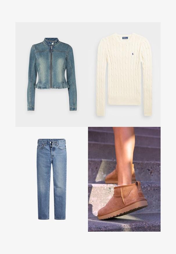 The Ragged Priest RIPLEY JACKET - Farkkutakki - dirty denim; Kreemi kaabliga kudumiga sviiter pikkade varrukatega, ribakardinate ja hemiga, millel on vasakul rinnal väike tikkitud logo.; Vaaleansiniset farkut suoran leikkauksen, viiden pussin designin ja nappisuljenta. Ominaisuuksiin kuuluu hienoinen haalistuminen ja oranssit ompeleet.; Kahdenruskeat mokkanahkaiset nilkkurit, joissa on pehmeä pinta, kirjailtua yksityiskohtaa ja kumipohja. Kengissä on myös kätevä lenkki kantapäässä, joka helpottaa pukemista.