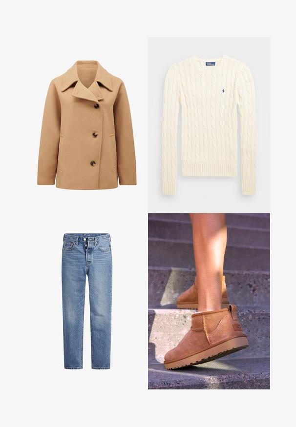 Kamieļu vilnas jaukta auduma mēteli ar platām apkaklēm, dubultās pārlokšanas priekšpusi un divām sānu kabatām. Iezīmējas ar brūniem pogām un gludu struktūru.; Krems krāsas adīts džempers ar garām piedurknēm, ribotām aprocēm un apakšmalu, ar nelielu izšūtu logotipu kreisajā krūtī.; Gaiši zila džinsu bikses ar taisnu griezumu, piecu kabatu dizainu un poga aizdari. Iespējamas nelielas izbalēšanas un apelsīnu diegu akcenti.; Dzeltenbrūnas zamšādas potīšu zābaciņi ar mīkstu tekstūru, izšūtu apdari un gumijas zoli, kas aprīkoti ar cilpu uz papēža ērtai uzvilkšanai.