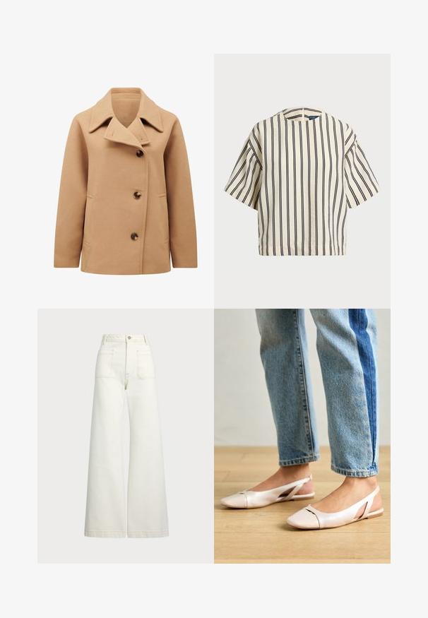 Kamelullblanding frakk med spredt krage, dobbeltspent front og to sidelommer. Har brune knapper og en glatt tekstur.; T-skjorte med korte ermer, stripet i kremfarge og marineblå, med rund hals og en boxy design i en strukturert stoff.; Vidde bukser i off-white denim. Høyt liv-design med knappelukking, to frontlommer og kontrastsøm detaljer.; Lys rosa slingback leiligheter med spiss tå, laget av et glatt, læraktig materiale. Har utskjæringer på sidene og lav hæl.
