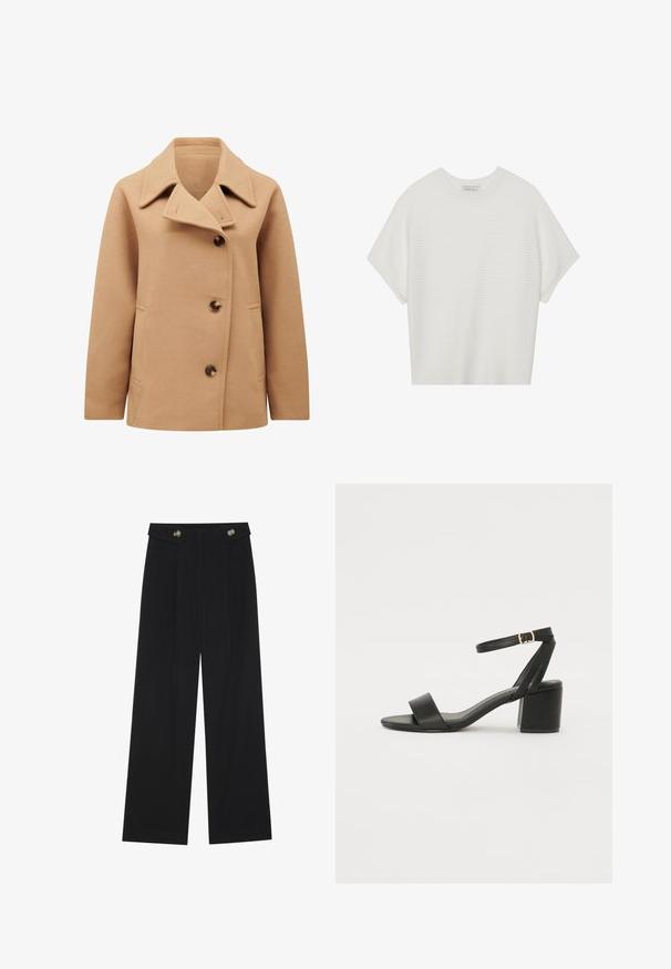 Kamelinio vilnos mišinio paltas su plačiu apykakle, dvigubais mygtukais priekyje ir dviem šoniniais kišenėmis. Yra rudi mygtukai ir lygus paviršius.; Balta trumpa rankovėmis marškinėliai su plačiu apykakle ir tekstūruotu gumbelių raštu, pagaminti iš minkštos medžiagos, pasižymintys laisvu siluetu ir tvarkingu dizainu.; Juodi plačios kojos kelnės su aukštu liemeniu, sagų detalėmis ant liemens ir priekinėmis raukšlėmis.; Juodos aukštakulnės sandalai su lygiu odiniu viršumi, atvira nosimi, plačiomis priekinėmis dirželiomis ir reguliuojama kulkšnies juosta su auksiniu sagtimi.