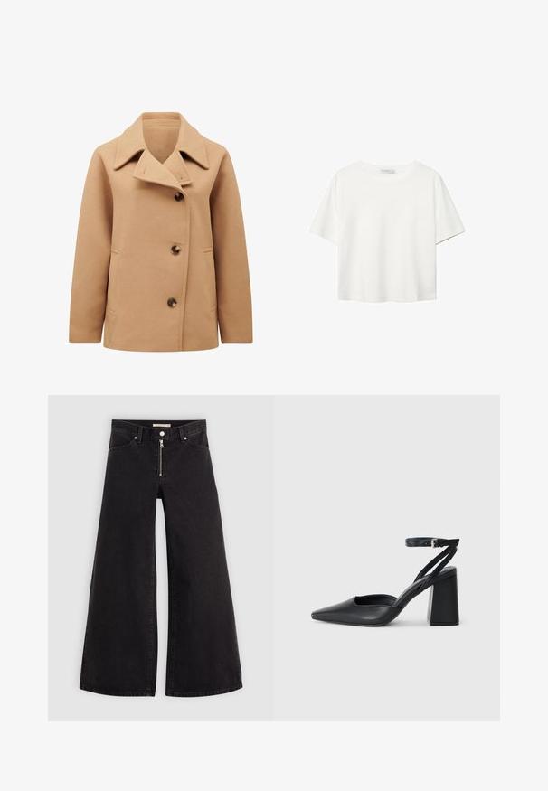 Cappotto in misto cammello con colletto aperto, doppio petto e due tasche laterali. Presenta bottoni marroni e una texture liscia.; T-shirt bianco a maniche corte realizzato in cotone. Presenta un collo tondo e una vestibilità rilassata. Texture liscia senza motivi o dettagli visibili.; Jeans a gamba larga in denim nero con chiusura a zip, design a cinque tasche e dettagli di cucitura sottili. Texture morbida e stile casual.; Pump in pelle nera con punta affusolata, cinturino alla caviglia e tacco spesso. Texture piatta, design elegante ed estetica minimalista.