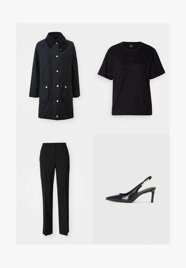 Barbour BEADNELL - Rövid kabát - navy/classic; Fekete pamut póló kerek nyakkivágással, rövid ujjakkal és hímzett logóval a mellkasán. Egyszerű, laza szabás, minta nélkül.; Fekete, testhezálló nadrág egyenes szárú kivitelben, sima textúrával és éles redőkkel az elején. Nincs látható fémalkatrész.; Fekete bőr, slingback magas sarkú cipő, hegyes orral, sima textúrával és keskeny bokapánttal, arany fémrészletekkel.