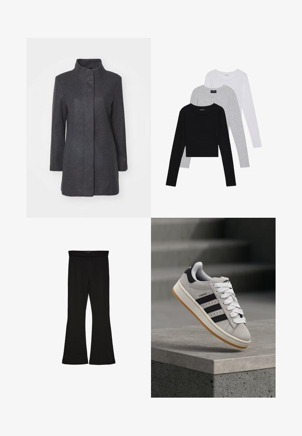 Charcoal gray wool coat with a high collar, long sleeves, and a straight cut. Features a clean, minimalist design with no visible fastenings.; Three long-sleeve tops stacked: black, grey, and white. Each has a round neckline and a cropped design with smooth, lightweight fabric.; Black flare leggings made from stretchy fabric. Features a wide waistband and a smooth texture, with a fitted silhouette that flares at the hem.; Gray Adidas Campus sneaker with black stripes and white laces floating above a concrete ledge with stairs in the background.