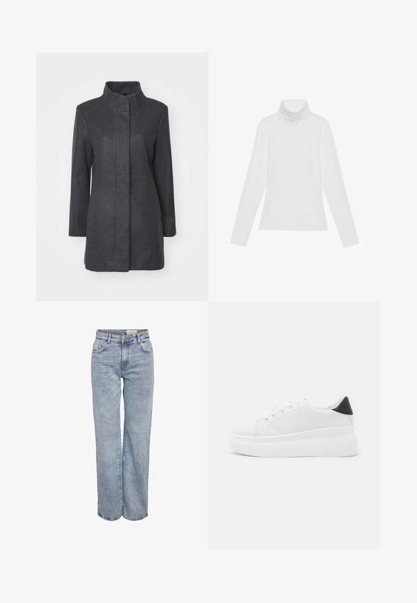 Cappotto in lana grigio antracite con colletto alto, maniche lunghe e taglio dritto. Presenta un design pulito e minimalista senza chiusure visibili.; Maglia a maniche lunghe bianca a collo alto realizzata in tessuto morbido ed elastico. Presenta un colletto alto e un design aderente, senza motivi o decorazioni visibili.; Jeans a gamba larga di colore azzurro chiaro realizzati in denim, con vita alta, design a cinque tasche e leggera scoloritura per un aspetto vissuto.; Sneakers platform bianchi realizzati in materiale sintetico liscio, con punta arrotondata, design con lacci e suola in gomma texture. Accento nero nel tallone.