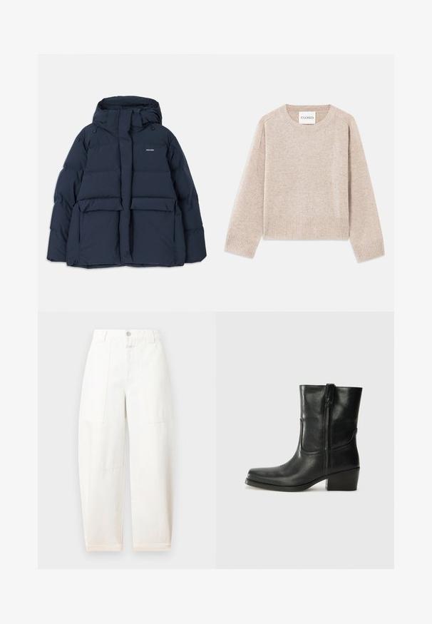 Casaco tipo puffer azul marinho com capuz, apresentando dois bolsos frontais, fecho com zip e secções acolchoadas texturizadas. Design leve.; Suéter de malha bege com decote redondo e punhos canelados. Apresenta um corte descontraído e uma textura sutil, com a etiqueta "CLOSED".; CLOSED RHANNON - Wide leg - ivory; Bota de tornozelo em couro preto com bico arredondado, salto bloco, fecho lateral e detalhes em costura na parte frontal. Textura suave, design clássico.