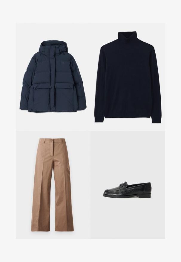 Mornarsko modra puhovka s kapuco, ki ima dve sprednji žep, zadrgo za zapiranje in teksturirane kviltane dele. Lahka zasnova.; Mornarska pulover s klobučkom in dolgimi rokavi, narejen iz mehkega pletenega blaga. Ima rebrast ovratnik in manšete, preprost dizajn brez vzorcev.; Rjave široke hlače iz gladkega materiala, z zapiranjem spredaj na gumb, dvema sprednjima žepoma in čistimi, postavljenimi linijami.; Črne usnjene loafers čevlje z gladko zgornjico, embosiranim linearnih vzorcem in dekorativno zaponko na sprednjem delu. Nizek blok pet.
