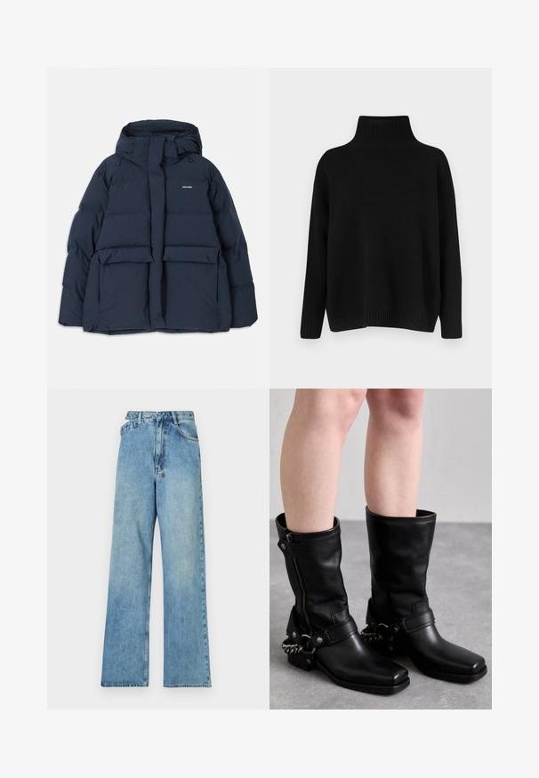 Navy blue puffer jacket with a hood, featuring two front pockets, a zippered closure, and textured quilted sections. Lightweight design.; Black knitted sweater with a high ribbed collar, dropped shoulders, and a relaxed fit. Features ribbed cuffs and hem for texture.; Light blue denim wide-leg jeans with a mid-rise waist, five pockets, and a button-fly closure featuring metal hardware and a faded finish.; Black leather knee-high boots with a square toe, side zipper, and adjustable strap featuring a metal chain accent. Matte finish and sturdy sole.