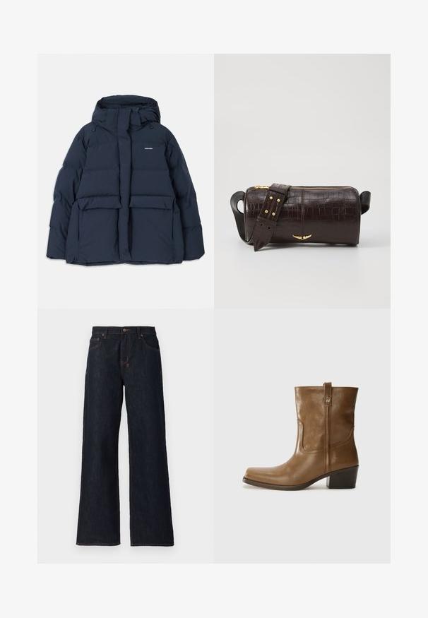 Tumedat sinine tikkjakrooni jope kapuutsiga, millel on kaks esivatud taskut, tõmblukk ja tekstureeritud õmblusosad. Kerge disain.; Pikkade varrukatega helesinine topp ümmarguse kaelusega. Valmistatud pehmest kangast, sisaldab keskset õmblust ja kergelt kaardus serva. Ei ole nähtavat riistvara.; Tumedad sinised laiad teksad, mis on valmistatud denimist, sisaldavad oranži õmblust, kahte esimest lukku ja nupukinnitust vöökoht. ; Pruun nahkne ankle boot ruudukujulise varbaga, tekstuuriga viimistluse ja madala virnastatud kontsaga. Sisaldab taga tõmbeaasat ja peeneid õmbluse detaile.; Pruunist krokodillimustrist nahast kott, millel on silindri kuju, kuldse tooni metalldetailid ja eemaldatav rihm, kus on nupud.