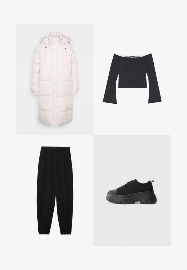 Abrigo de invierno acolchado largo en color rosa claro con capucha, cuello alto, cordones y cierre frontal con cremallera.; Top corto negro sin mangas con mangas acampanadas largas, una textura suave y un ribete blanco en el escote. La parte posterior cuenta con un detalle decorativo de nudo.; Pantalones negros, ligeros, con cintura elástica y tobillos fruncidos. La tela es suave y presenta un diseño relajado y ajustado.; Zapatillas negras con suela de goma gruesa, parte superior de tela texturizada, punta redonda y diseño con cordones. Presenta ojales reforzados y tirador en la parte trasera.