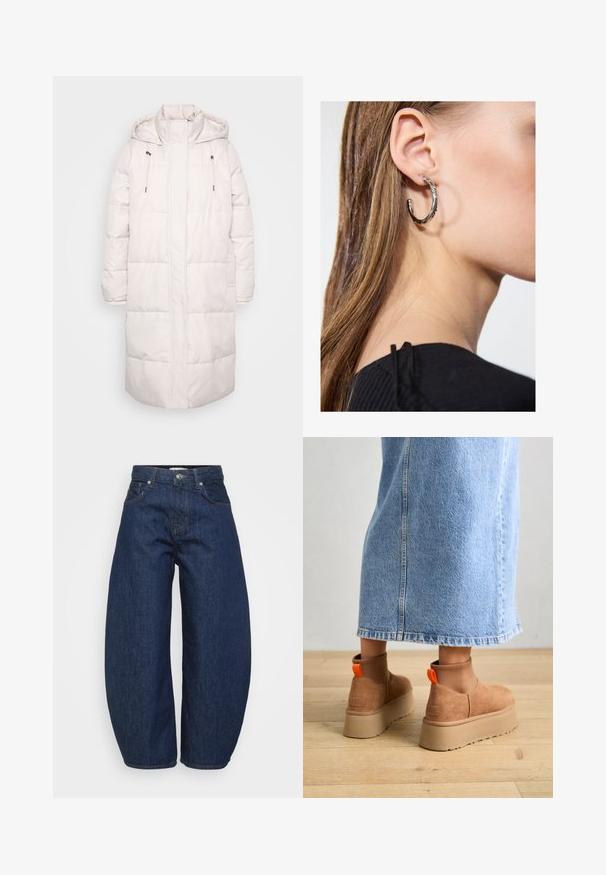 Dolga svetlo roza zimska jakna s kapuco, visokim ovratnikom, vrvicami in sprednjim zadrgo.; Even&Odd Petite 2 PACK - Top - light grey/black; Temne modri kavbojki z višjim pasom, širokimi hlačnicami, sprednjim gumbom in zadrgo ter klasičnim petim žepom.; Rjave suede platform čizme z elastičnimi stranskimi paneli in oranžnimi zankami, v kombinaciji s svetlobno denim krilom do kolen na lesenem tleh.; Srebrna obročasta uhana s polirano površino, ki vključuje majhne zlate poudarke in okroglo obliko, nošena na ušesnem lobu.