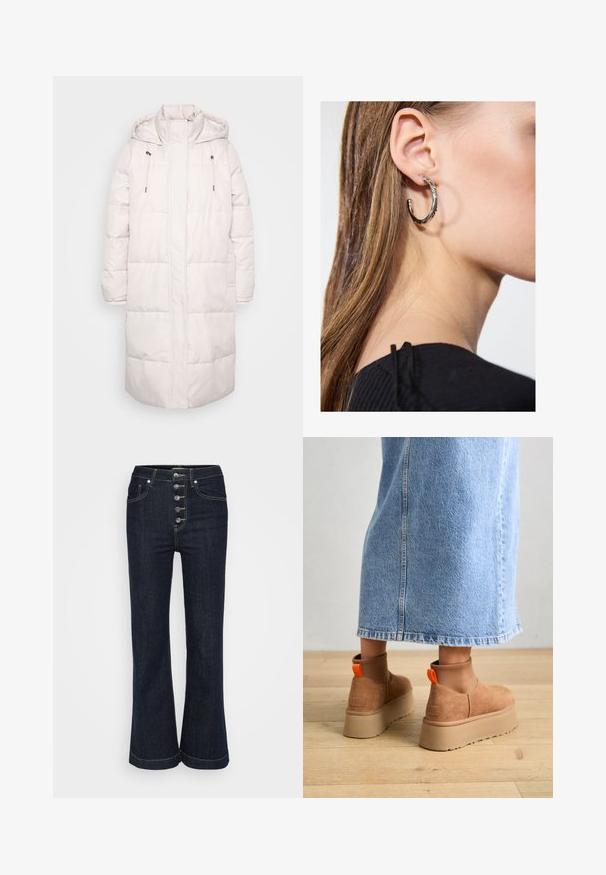 Ilgas šviesiai rožinis siuvinėtas žiemos paltas su gobtuvu, aukštu apykakle, raišteliais ir priekiniais užtrauktukais.; Even&Odd Petite 2 PACK - Viršus - light grey/black; Tamsiai mėlynos aukšto liemens platėjančios džinsinės kelnės su penkiais sidabriniais mygtukais priekyje ir kontrastingomis siūlėmis aplink kišenes bei siūles.; Rudos zomšiniai platforminiai batai su elastingomis šoniniais panirais ir oranžinėmis kilpomis, derinami su kelio ilgio šviesių džinsų sijonu ant medinių grindų.; Sidabrinė lankinė auskarai su poliruotu paviršiumi, turintys mažus auksinius akcentus ir apvalią formą, dėvimi ant ausies kaušelio.