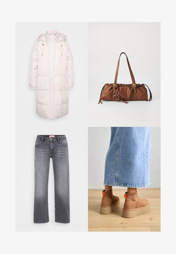 Lang lyserød quiltet vinterjakke med hætte, høj krave, snøre og frontlynlås.; Even&Odd Petite 2 PACK - Top - light grey/black; Grå denim jeans med lige bendesign, fem-lommestil, subtil fading og trykknaplukning i taljen.; Brune ruskinds platform støvler med elastiske sidepaneler og orange trækstropper, parret med en knælang lys denimnederdel på et trægulv.; Brun læderhåndtaske med samlet top, justerbare stropper og metalaccenter. Har en rund flettet detalje på siden.; Sølv hoop ørestik med en poleret overflade, prydet med små guld accenter og en rund form, båret på øreflippen.