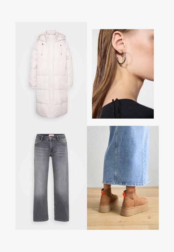 Garšs gaiši rozā šūtā ziemas apmetnis ar kapuci, augstu apkakli, saistēm un priekšējo rāvējslēdzēju.; Even&Odd Petite 2 PACK - Tops - light grey/black; Pelēki džinsi ar taisnu kāju dizainu, piecu kabatu stils, viegla izbalēšana un pogas aizdare viduklī.; Brūni zamšādas platforma zābaki ar elastīgiem sānu paneļiem un oranžām cilpām, apvienoti ar līdz ceļgaliem garu gaišā denima svārku uz koka grīdas.; Sudraba auskars ar pulētu apdari, ar maziem zelta akcentiem un apaļu formu, uz ausu ļipiņas.