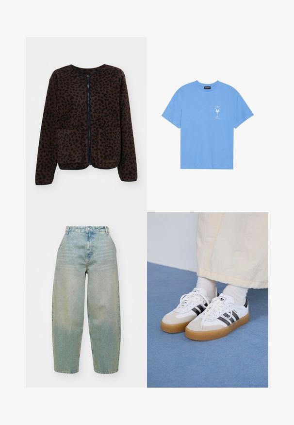 Obey Clothing DOTTIE LINER JACKET - Fleecejakke - java brown; Lys blå bomull t-skjorte med rund hals. Har et hvitt grafisk motiv av et palmetre og tekst på venstre brystområde. Korte ermer.; Lys blå denimbukser med høy midje, vide ben, subtil falming og klassisk knappeåpning. Har fem lommer og sømdetaljer.; Hvite sneakers med svarte striper og beige semsket skinn-detaljer. Har en teksturert gummisåle og flate hvite snører, brukt med lyse sokker.