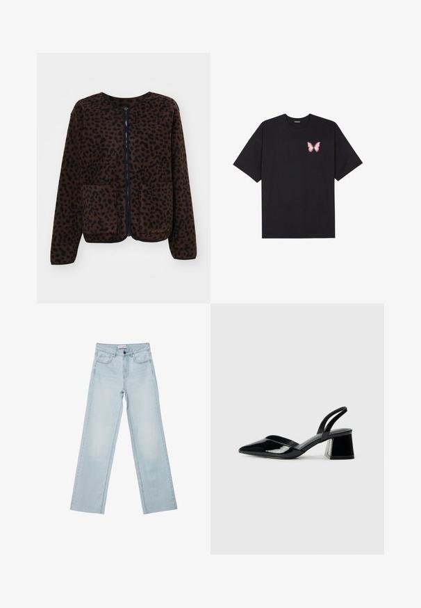 Obey Clothing DOTTIE LINER JACKET - Fleecejakke - java brown; Sort bomulds T-shirt med korte ærmer, prydet med en lille pink sommerfugl grafik på venstre bryst. Rund hals design med en afslappet pasform.; Lyseblå brede jeans lavet af denim. Har fem lommer, en knaplukning og falmede detaljer. Klassisk lige pasform med en løs pasform.; Sorte patentlæder slingback hæle med spids tå og en geometrisk blok hæl. Har et elegant, minimalistisk design og en glat tekstur.