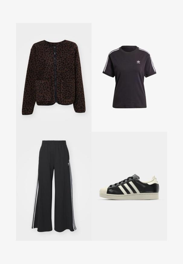 Obey Clothing DOTTIE LINER JACKET - Fleece jacket - java brown; Black cotton short-sleeve t-shirt with round neck, featuring white stripes on shoulders and a small white Adidas logo on the chest.; Black wide-leg sweatpants with an elastic waistband, featuring white side stripes and an embroidered logo on the left thigh.; Black leather sneaker with white stripes, rubber toe cap, black laces, and a cream-colored outsole. Smooth texture with shiny finish.