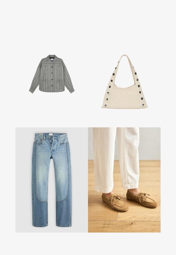 Grijze gestreepte jas met een kraag, sluiting met knopen aan de voorkant, twee voorzakken en lange mouwen. Textuurstof met verticale strepen.; Gesmokt blouse met een geruit patroon in zwart, wit en beige. Volant halslijn en manchetten, lange mouwen, cropped fit.; Lichtblauwe denim jeans met een rechte, losse pasvorm, voorzien van contrasterende paneeldetails en een vijf-pocket ontwerp. Knopen vloogsluiting.; Bruine suède bootschoenen met veters, met een ronde neus en gestikte accenten. G gecombineerd met witte corduroy broek in een houten omgeving.; PULL&BEAR SHOULDER - Shopper - beige