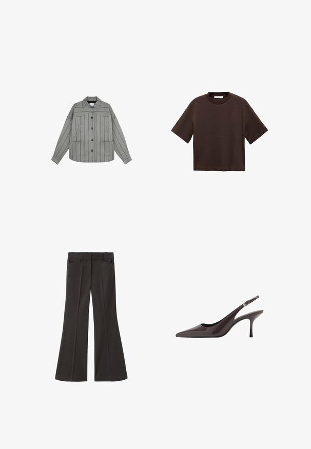 Grijze gestreepte jas met een kraag, sluiting met knopen aan de voorkant, twee voorzakken en lange mouwen. Textuurstof met verticale strepen.; Bruine T-shirt met korte mouwen, gemaakt van zachte katoen. Heeft een ronde halslijn en een recht model, met een gladde textuur en geen zichtbare patronen.; Zwarte flared broek met een hoge taille; beschikt over twee voorkeurszakken en een gladde stoftextuur. Geschikt voor verschillende gelegenheden.; Puntige slingback hakken in donkerbruin lakleer, met een slanke hoge hak en een verstelbare enkelband met een gesp.