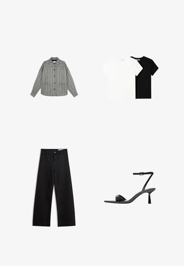 Szara, pasiasata kurtka z kołnierzykiem, zapinana na guziki z przodu, z dwiema kieszeniami z przodu i długimi rękawami. Teksturowany materiał z pionowymi paskami.; Dwa t-shirty z krótkim rękawem, jeden biały i jeden czarny, wykonane z bawełny. Oba mają okrągły dekolt i prosty, klasyczny design.; Czarne dżinsowe spodnie o szerokich nogawkach i wysokim stanie, z przednimi i tylnymi kieszeniami, przeszyciami oraz zapięciem na guziki. Gładka struktura.; Bershka - Sandały na obcasie