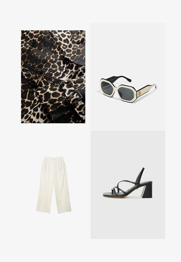 Tkanina w cętki lamparta w czerni i beżu z błyszczącą czarną klamrą i guzikami. Charakteryzuje się dopasowanym krojem i wyrazistym wzorem.; Biała koszula zapinana na guziki z ostro zakończonym kołnierzykiem, długimi rękawami i małym niebieskim logo na lewej stronie klatki piersiowej. Wykonana z bawełnianej tkaniny.; Spodnie z szerokimi nogawkami w kremowej tkaninie o gładkiej fakturze, z pojedynczym guzikiem z przodu, subtelnymi plisami i wysokim stanem.; Czarne sandały na obcasie z kwadratowym noskiem, z wieloma cienkimi paskami i geometrycznym obcasem blokowym. Gładka skórzana tekstura i minimalny design.; Okulary przeciwsłoneczne z ośmiokątną białą ramką, czarnymi krawędziami i szarymi szkłami. Złoty detal logo po bokach dodaje wyrazistego akcentu.; Biała skórzana torebka z zapięciem w złotym odcieniu, czarnymi akcentami, odczepianym paskiem na ramię oraz usztywnioną konstrukcją z klapką.