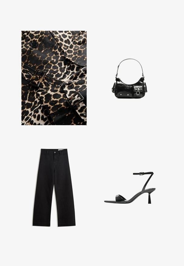 Leopardmønstret stof i sort og beige med en blank sort spænde og knapper. Har et skræddersyet design og et markant mønster.; Lys grå kortærmet top med dyb V-hals og fire-knap lukning, lavet af blødt stof med en glat tekstur.; Sorte wide-leg denim bukser med høj talje, der har front- og baglommer, syede sømme og en knaplukning. Glat tekstur.; Bershka Højhælede sandaletter / Højhælede sandaler - black; Sort patenteret læder håndtaske med en buet form, en skulderrem, frontlommer og hardware accenter i sølvfarve.