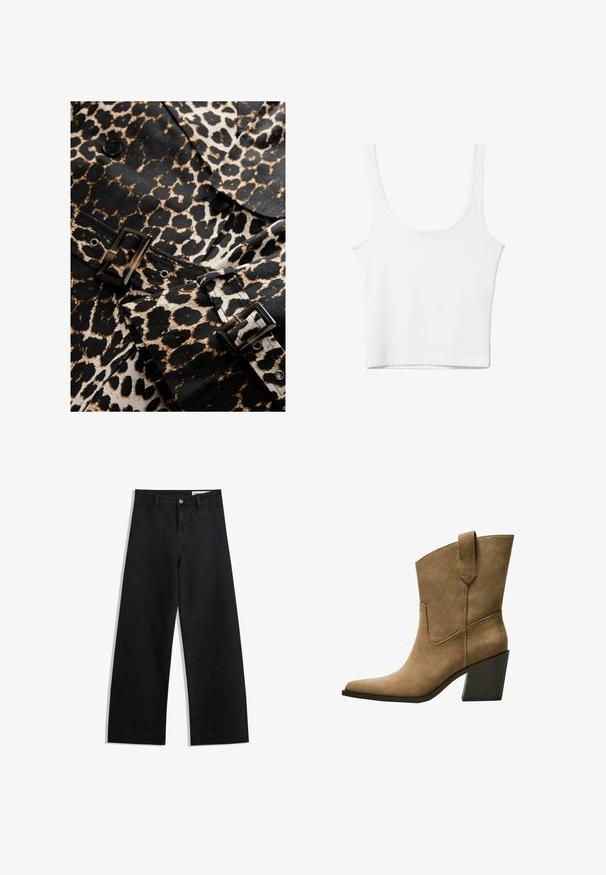 Leopardmønstret stof i sort og beige med en blank sort spænde og knapper. Har et skræddersyet design og et markant mønster.; Hvid bomulds tanktop med en rundet halsudskæring, uden ærmer og en tætsiddende pasform. Glat tekstur, ensartet design og minimale syninger.; Sorte wide-leg denim bukser med høj talje, der har front- og baglommer, syede sømme og en knaplukning. Glat tekstur.; Brune ruskind cowboy støvler med spidse tå, der har en mellemhøj blokhæle og enkel søm langs sidesømmen.