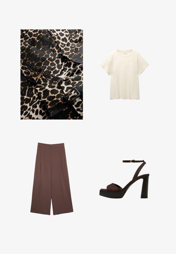 Leopardmønstret stof i sort og beige med en blank sort spænde og knapper. Har et skræddersyet design og et markant mønster.; Lys beige kortærmet t-shirt med rund halsudskæring, lavet af blødt, glat stof. Har en afslappet pasform og lige forneden.; Brune bredbunde bukser med en glat tekstur, der har høj talje og plisseringer foran. Stoffet er let og falder løst.; Brune ruskinds højhælede sandal med åben tå, justerbar ankelrem og en stribet plade sål.